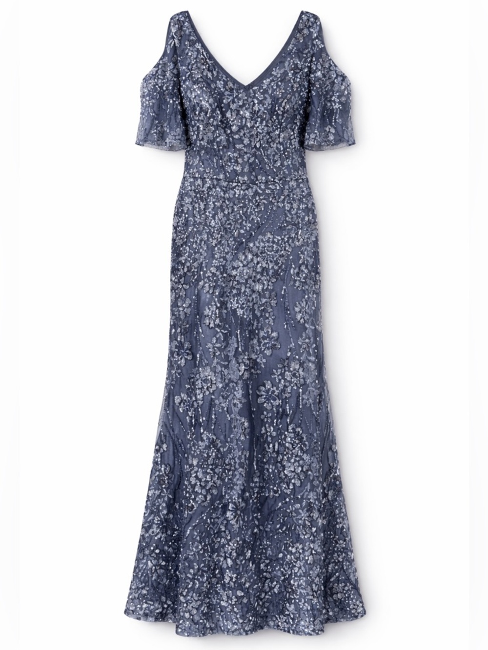 Alex Evenings Navy Blue Cold-Shoulder Sequin Floral Gown